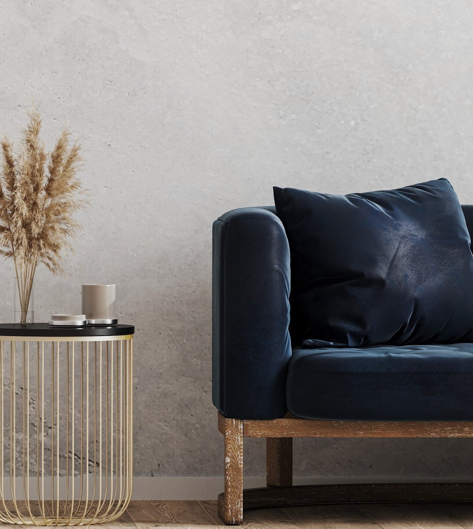 Empty gray wall interior with blue sofa and cofee table with dec